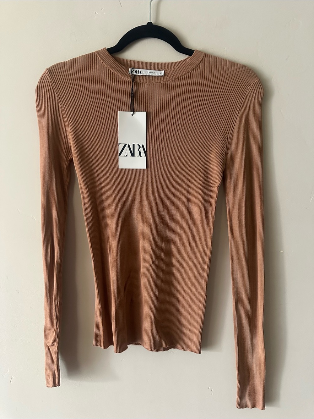 ZARA Ribbed Long Sleeve Crewneck Top in Taupe